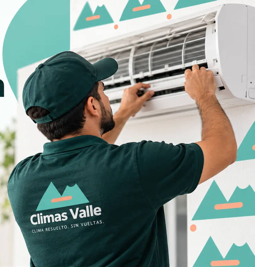 Técnico de Climas Valle, con uniforme y gorra de la marca, dando mantenimiento a un minisplit en una sala de Monterrey