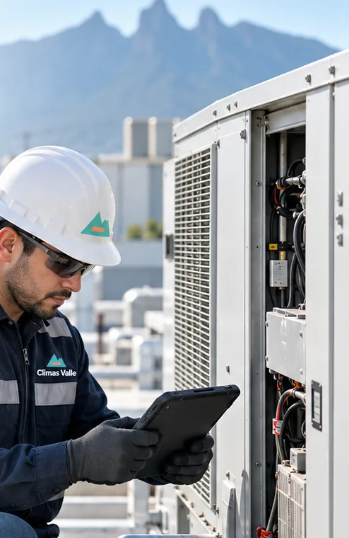 Técnico de Climas Valle revisando un equipo industrial en azotea